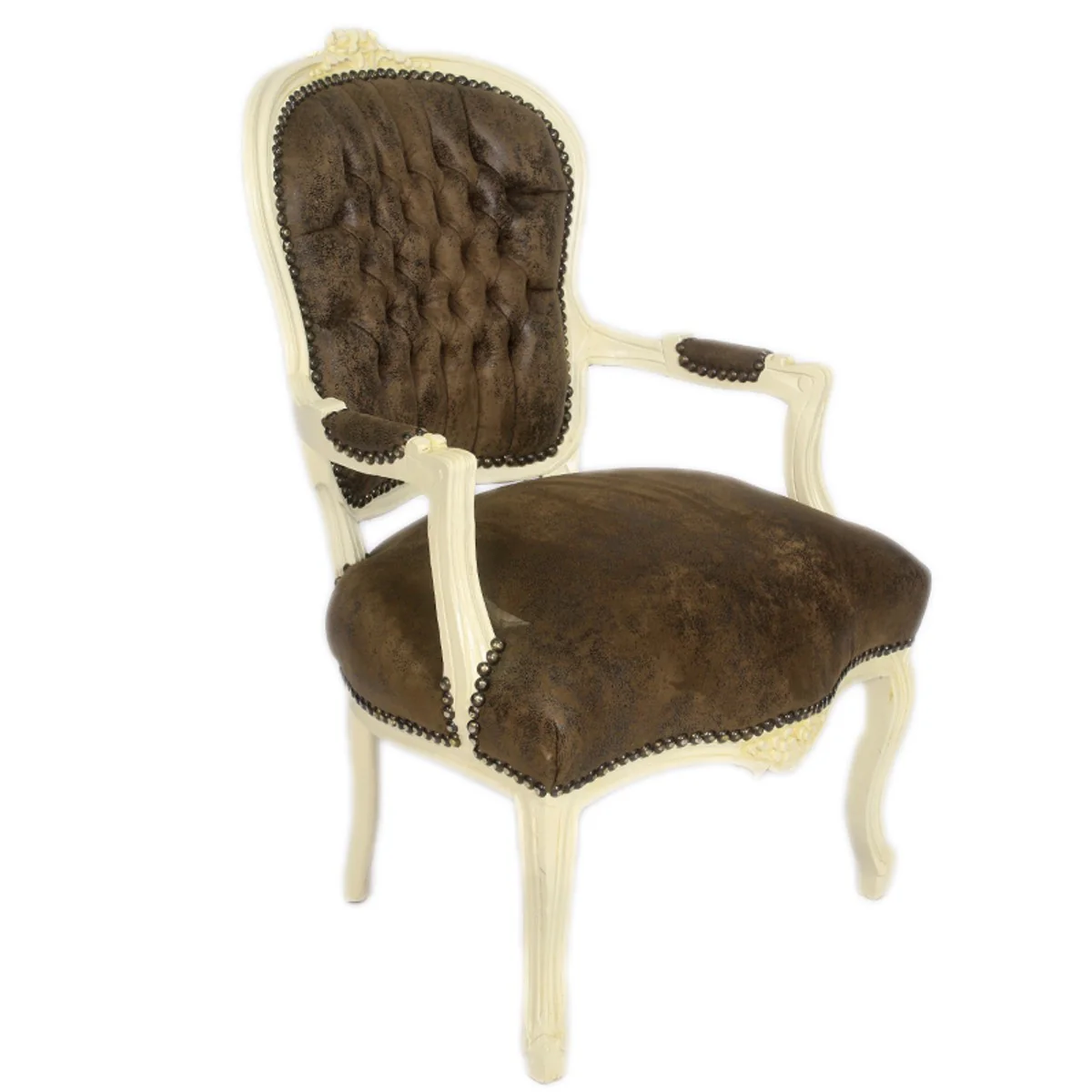 Baroque Salon Chair Brown Leather Look / Cream - Furniture Antique Style