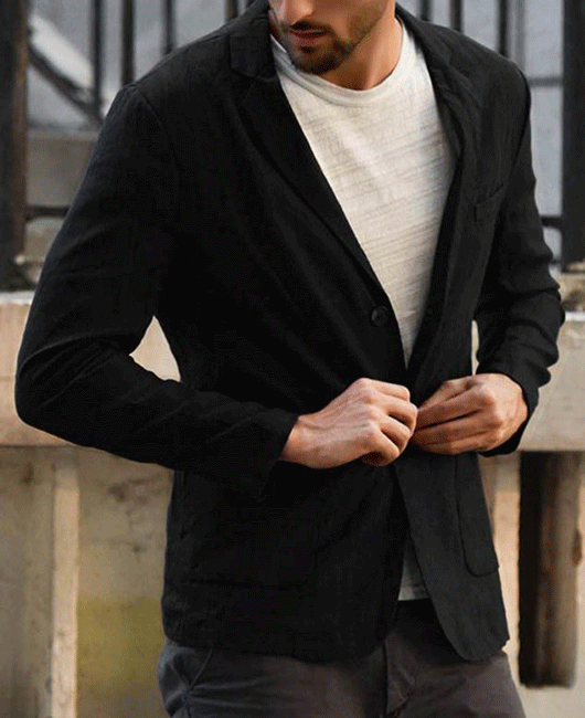 Basics Plain Notch Lapel Pocket Two Button Loose Blazer