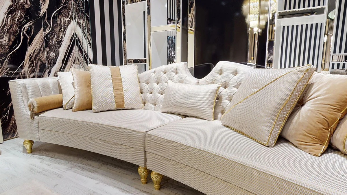Luxury Baroque Sofa White / Gold - Curved Living Room Sofa - Hotel Sofa - Luxury Baroque Living Room & Hotel Furniture