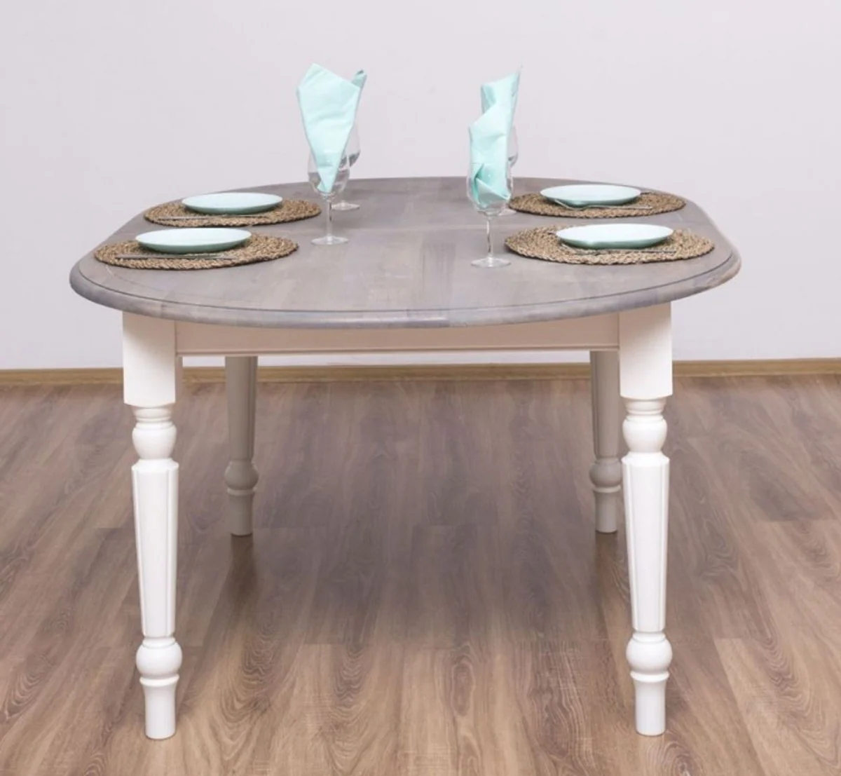 Country house style dining table gray / white 160 x 120 x H. 78 cm - Oval solid wood kitchen table with oak table top - Dining room furniture in country house style