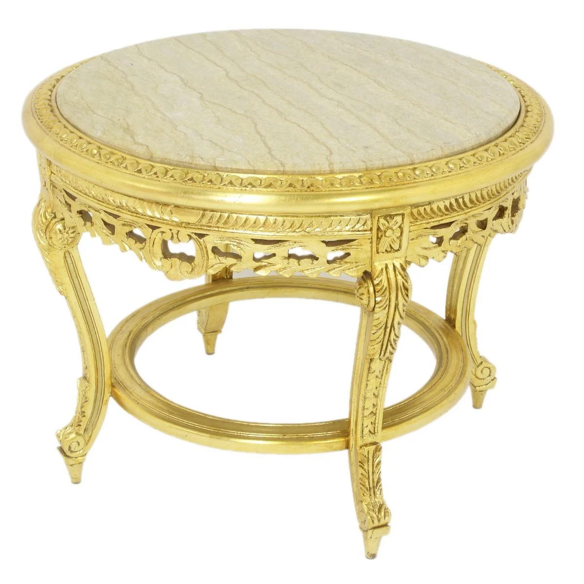 Large Baroque side table with marble top gold / cream Ø 70 x H. 45 cm - Round antique style table - Baroque living room furniture