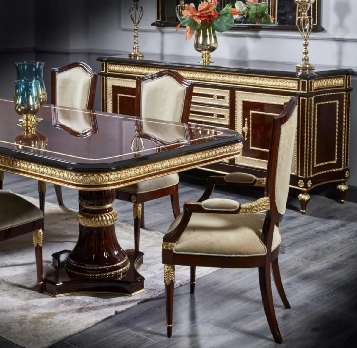 Luxury Baroque Dining Room Set Dark Brown / Gold - 1 Baroque Dining Table & 8 Baroque Dining Chairs - Luxury Dining Room Furniture in Baroque Style - Baroque Furniture - Noble & Magnificent