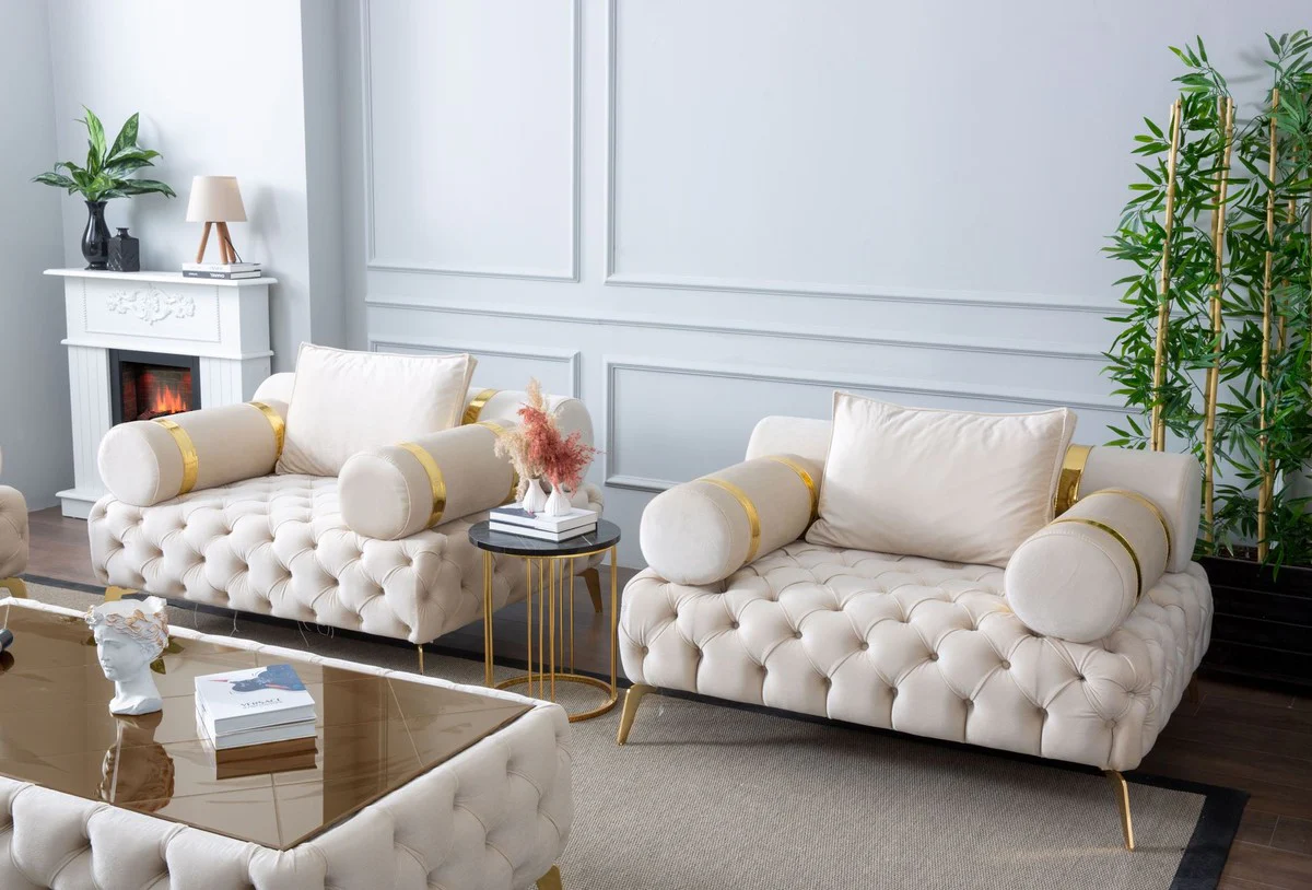 Luxury Chesterfield armchair cream / gold 130 x 115 x H. 70 cm - Chesterfield living room armchair - Living room furniture - Chesterfield furniture - Luxury furniture - Luxury furnishings - Furniture luxury