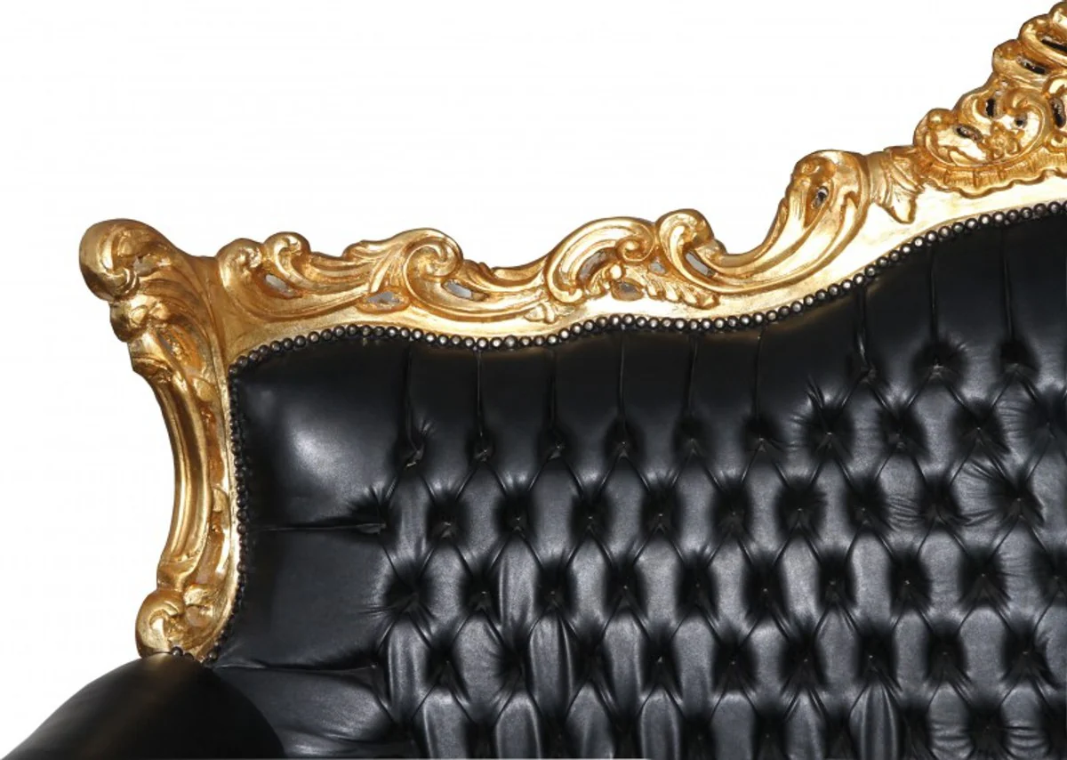 Baroque 3 Seater Sofa Master Black / Gold Leather Look Mod2 - Limited Edition - Living Room Couch Furniture Lounge