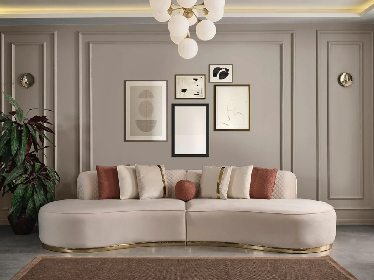 Luxury living room set cream / gold - 2 luxury sofas & 1 luxury swivel chair & 1 luxury stool - living room furniture - luxury furniture - luxury furnishings - living room furnishings