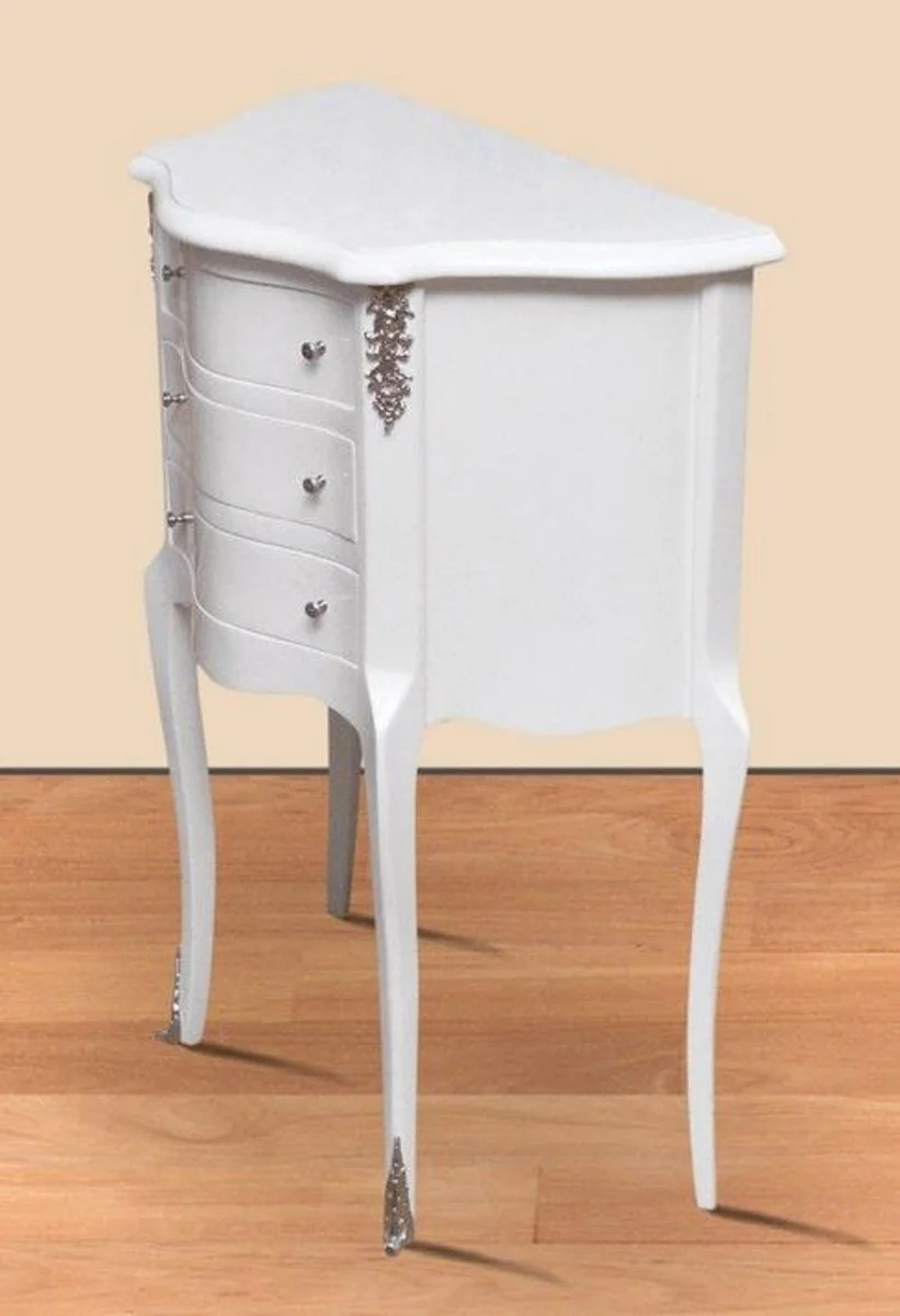 Baroque night dresser white / silver - solid wood bedside table - side table with 3 drawers - handmade baroque furniture