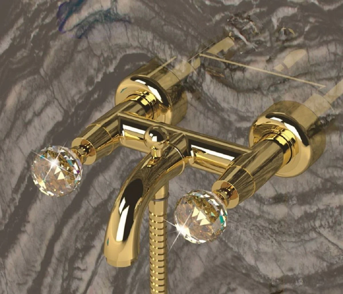 Luxury bathtub mixer with hand shower and gold hose - exposed bath mixer with Swarovski crystal glass - luxury bathroom accessories - Made in Italy