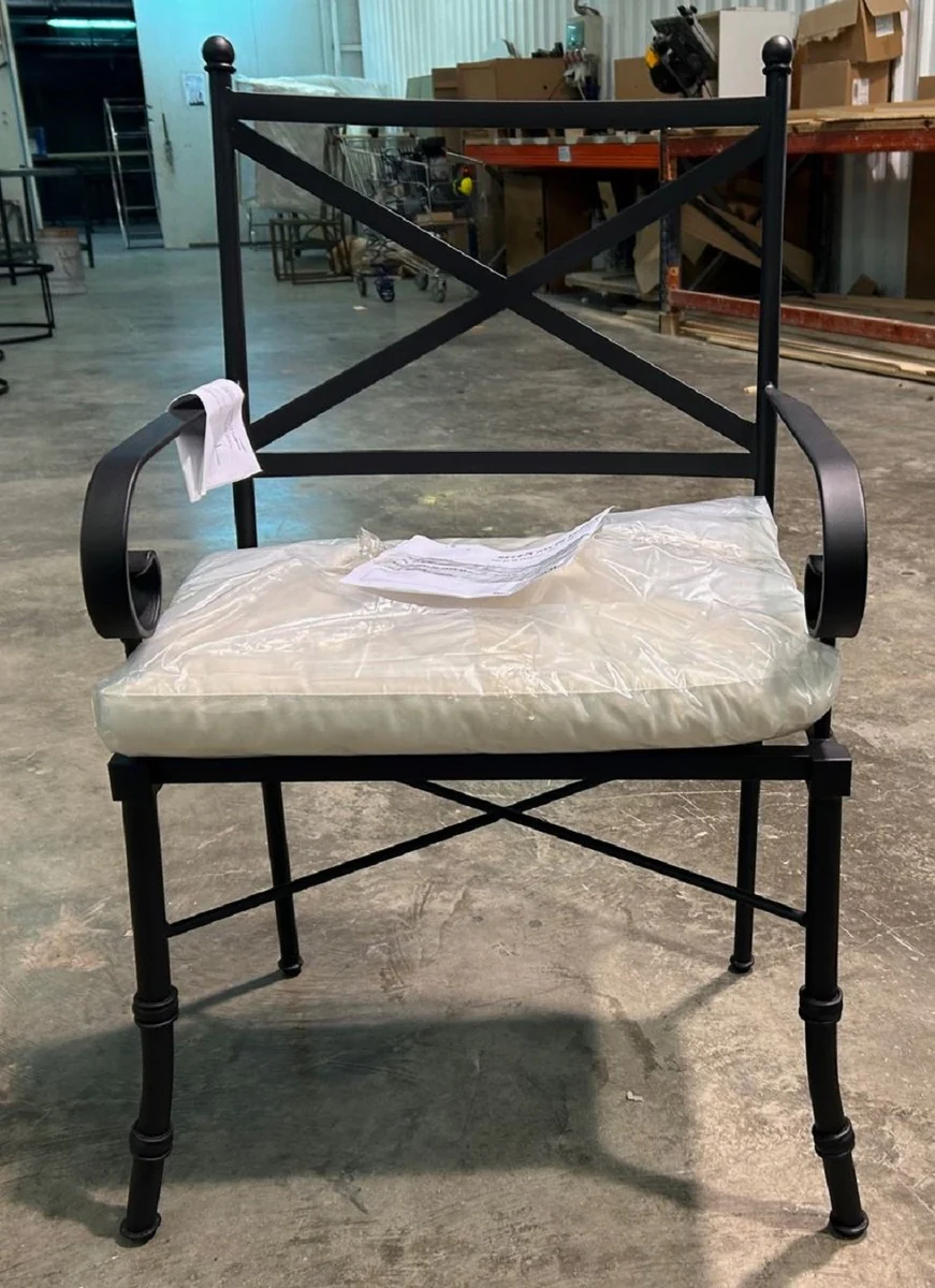 Luxury Art Nouveau garden chair with armrests and seat cushion brown / white 61 x 51 x H. 97 cm - Hand-forged dining room chair - Dining room garden patio furniture