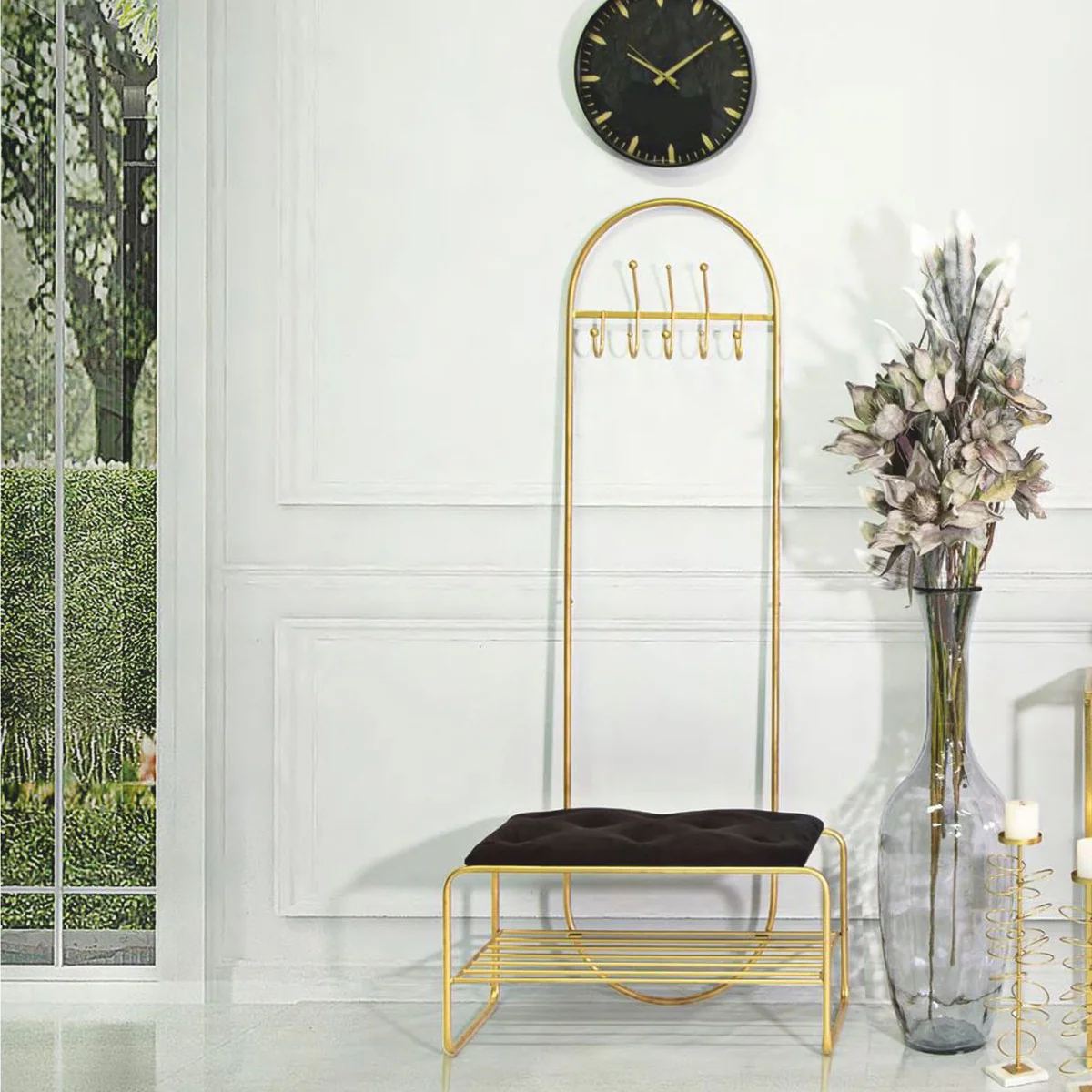 Luxury coat stand with bench gold / black H. 180 cm