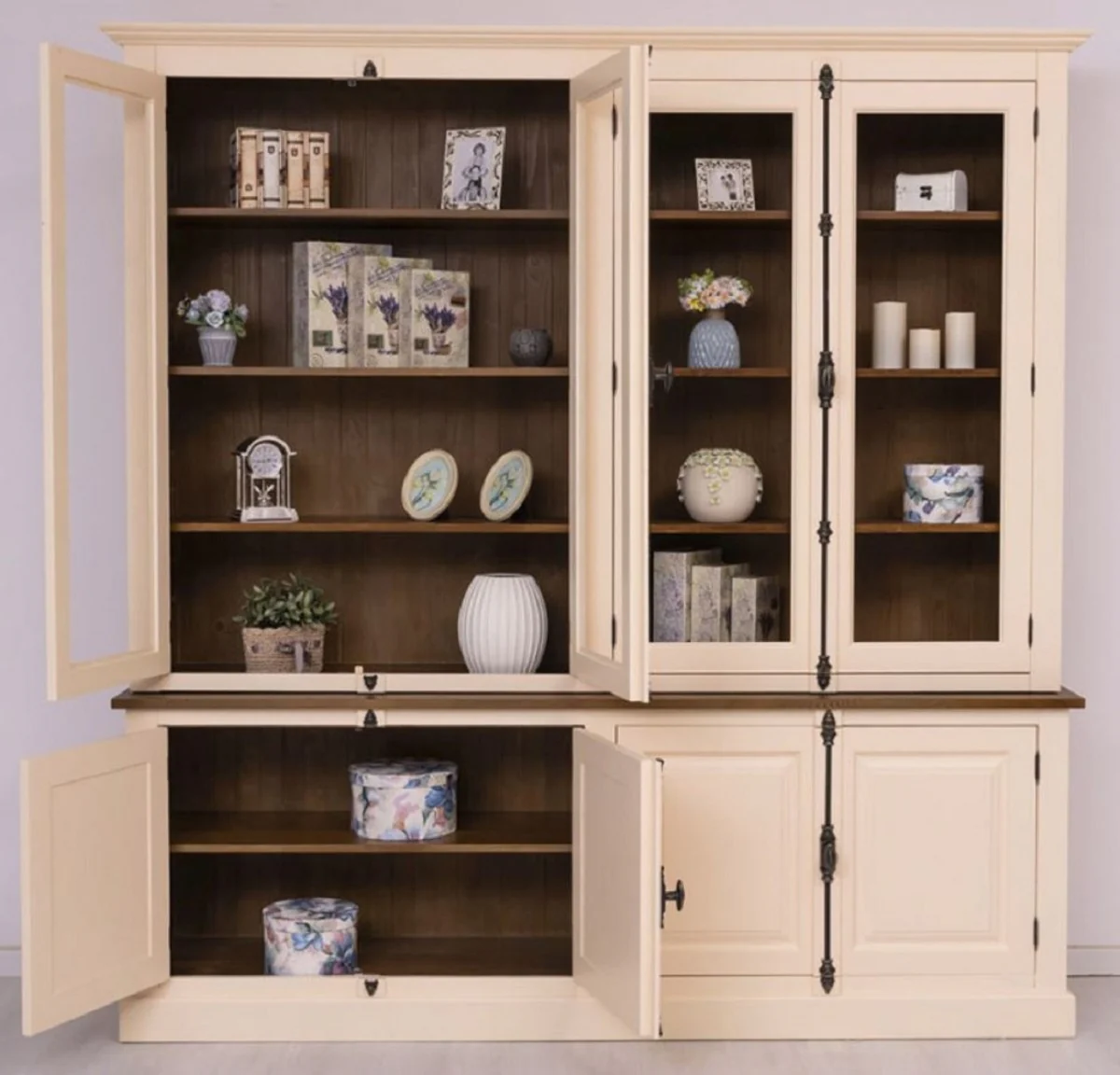 Country house style dining room cabinet cream / brown 223 x 50 x H. 228 cm - solid wood kitchen cabinet - dining room furniture in country house style - country house style dining room furnishings