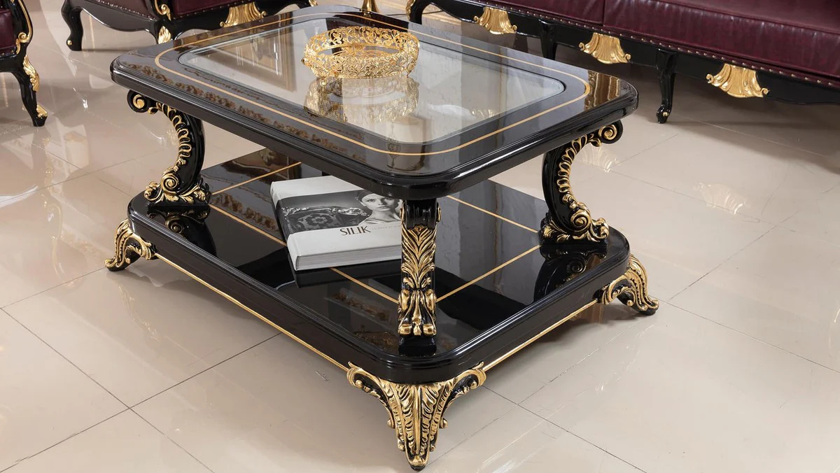 Luxury baroque coffee table with glass top black / gold - magnificent solid wood living room table in baroque style - baroque living room furniture - noble & magnificent