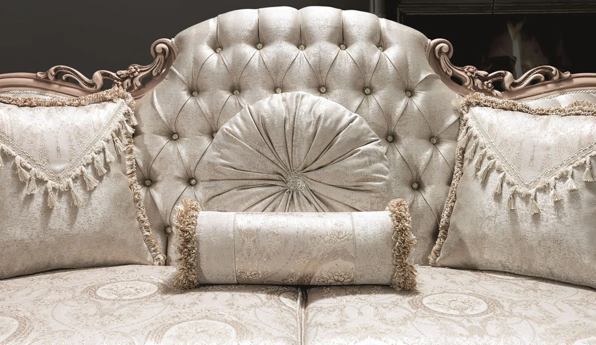 Luxury baroque sofa with glittering stones and decorative cushions silver / cream / beige 230 x 90 x H. 110 cm - magnificent living room sofa
