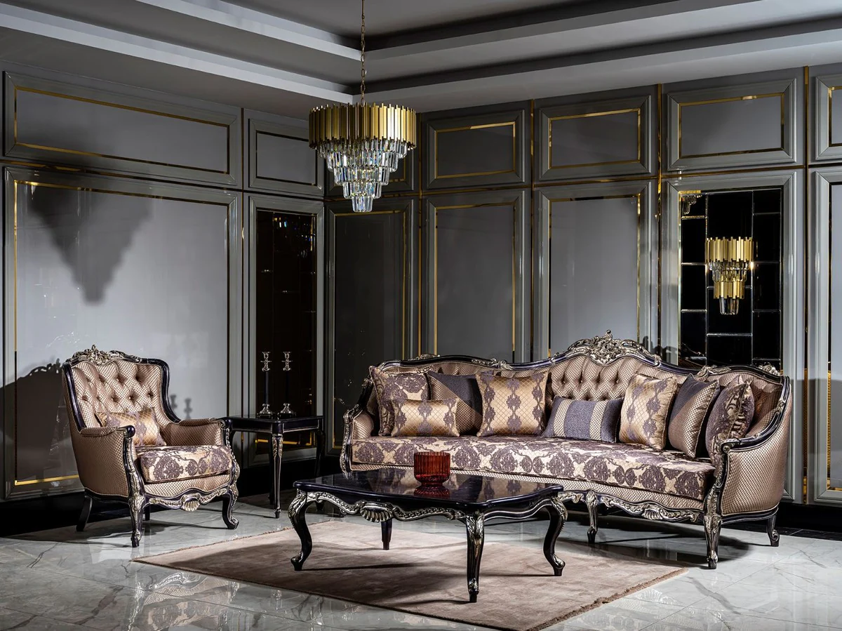 Luxury Baroque Sofa Gold / Purple - Magnificent living room sofa with elegant pattern and decorative pillows - Living room furniture in baroque style
