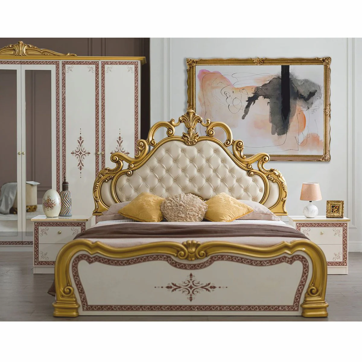 Luxury Baroque Double Bed Cream / White / Brown / Gold - Baroque style bedroom furniture