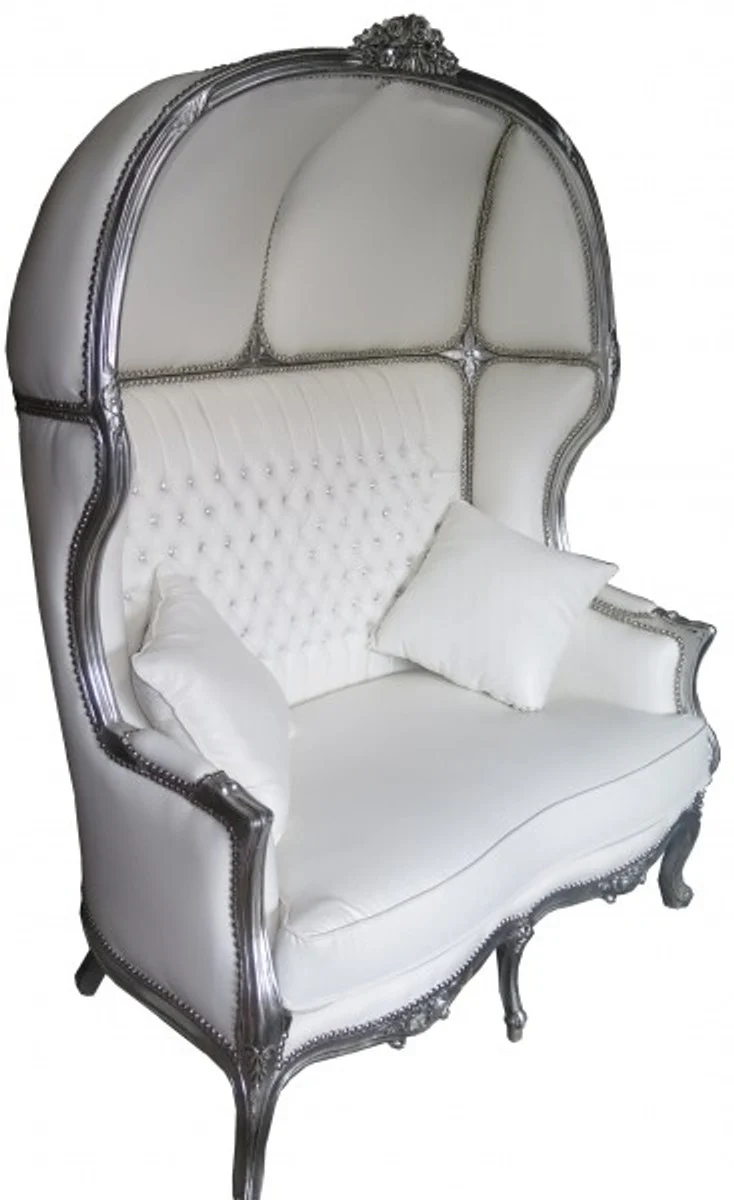 Baroque 2 Seater Balloon Sofa White Leather Look / Silver - Living Room Couch Furniture Lounge Wedding
