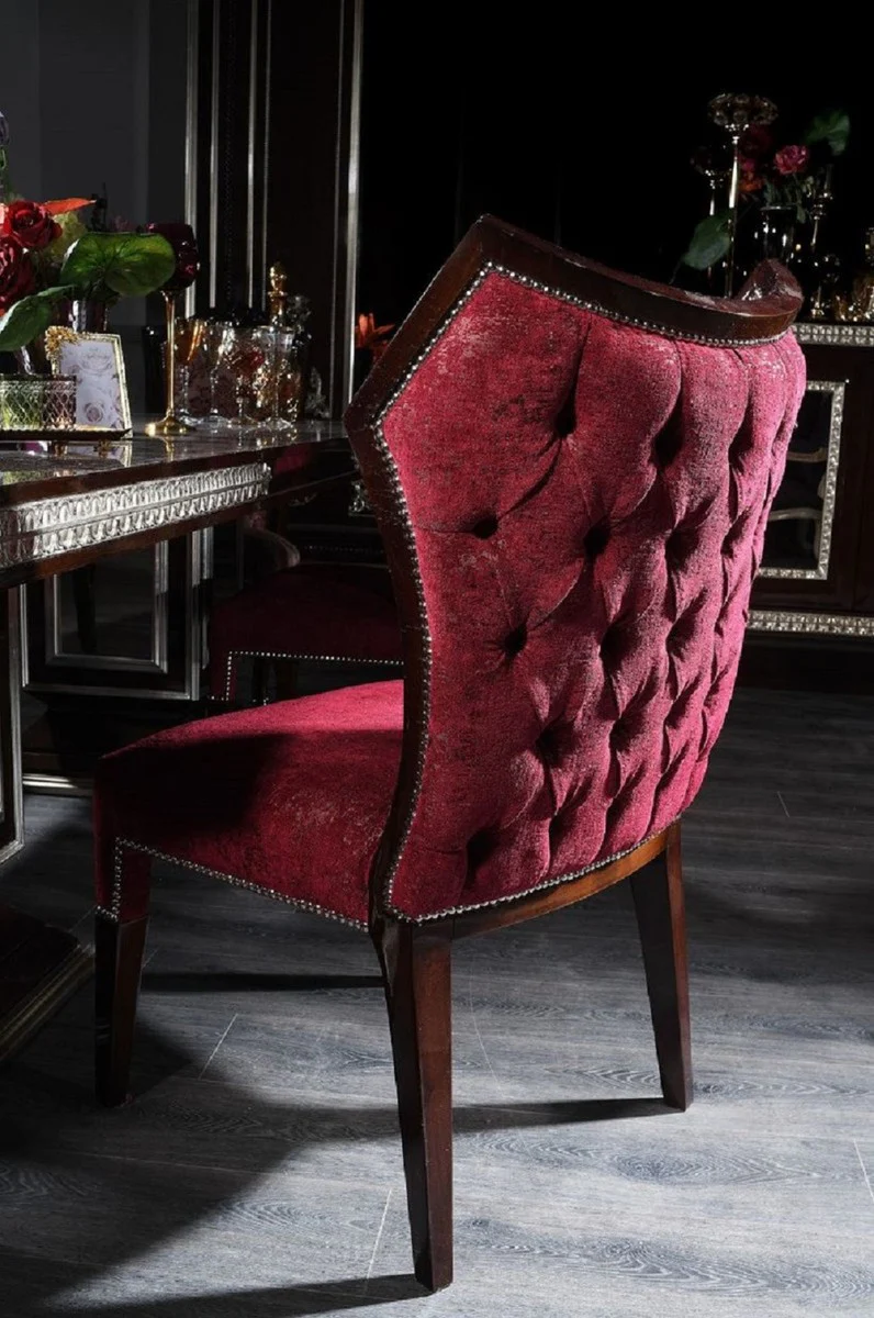 Luxury Baroque Dining Room Chair Bordeaux Red / Dark Brown / Silver - Handcrafted Solid Wood Kitchen Chair - Magnificent Dining Room Furniture in Baroque Style