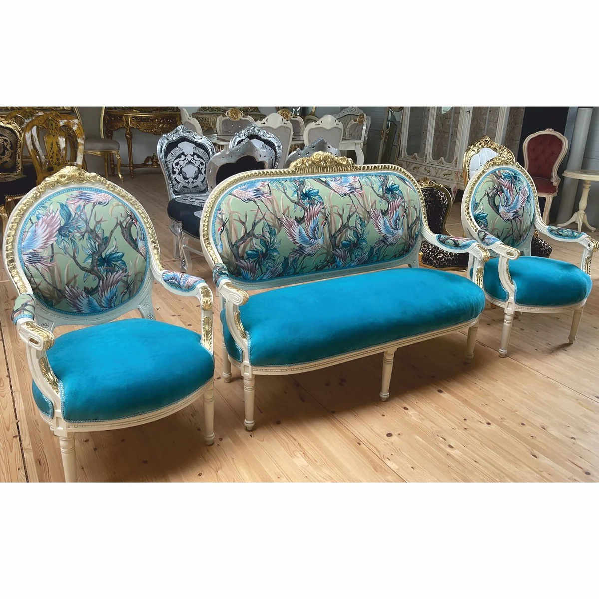Baroque Medallion Salon Chair Blue / Colorful / White / Gold H. 100 cm - Baroque Furniture