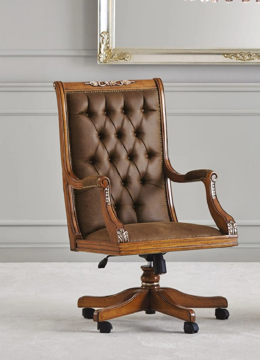 Luxury Baroque Chesterfield Leather Desk Chair Brown - Height-adjustable Baroque style office chair with high-quality genuine leather - Baroque office furniture - Luxury quality - Made in Italy