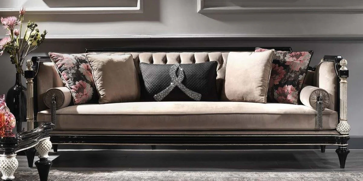 Luxury baroque velvet sofa beige / black / silver / antique gold 250 x 95 x H. 80 cm - magnificent living room sofa in baroque style