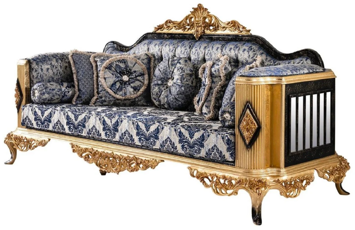 Luxury Baroque Sofa Blue / Black / Gold - Magnificent Living Room Sofa - Baroque Style Living Room Furniture - Luxury Furniture in Baroque Style - Baroque Living Room Furnishings