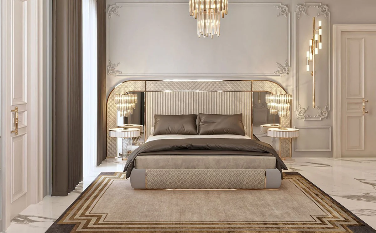 Luxury Art Deco double bed gray / gold 350 x 209.5 x H. 140 cm - Elegant solid wood bed with mirrored headboard - Luxury bedroom furniture - Hotel furniture - Art Deco furniture