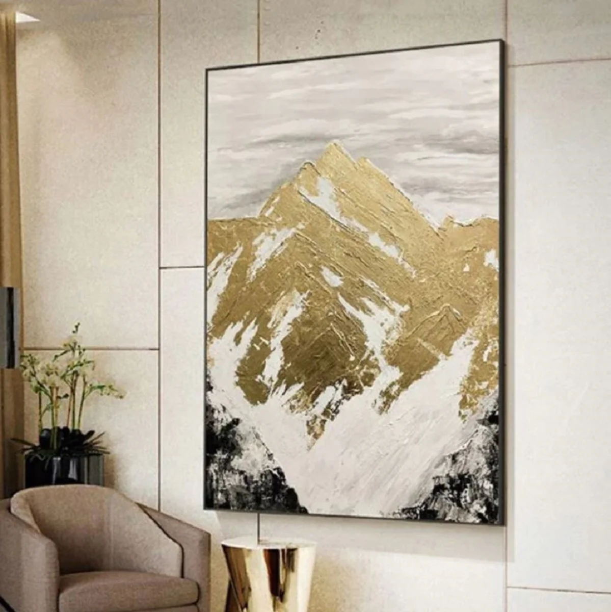 Luxury designer oil painting mountains gold / white / gray / black 120 x H. 170 cm - hand-painted painting with metal frame - luxury wall decoration - designer wall decoration - luxury quality