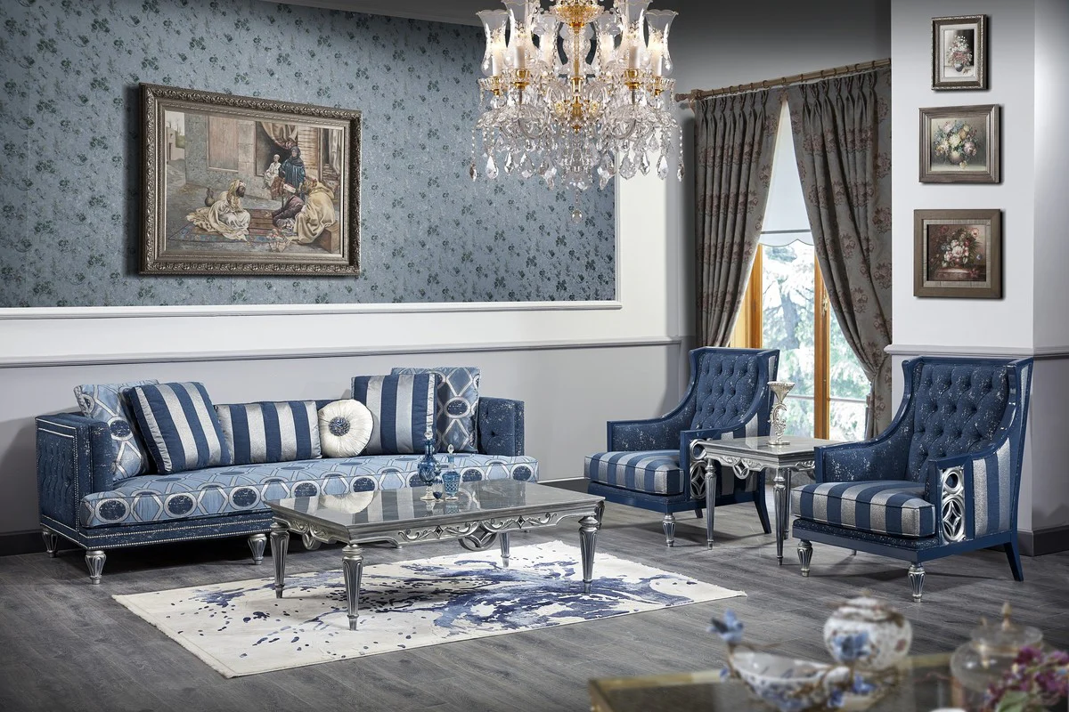 Luxury Baroque Chesterfield living room armchair blue / silver striped 77 x 76 x H. 100 cm - Baroque furniture
