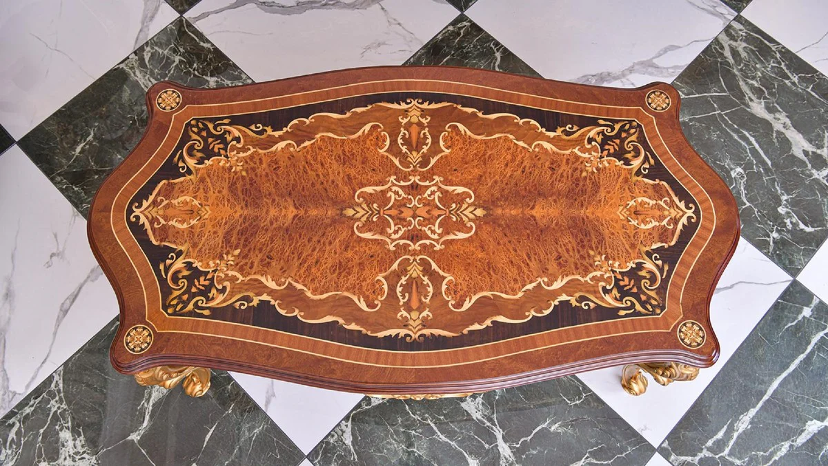 Luxus Barock Couchtisch Braun / Gold 128 cm - Barock Möbel - Made in Italy