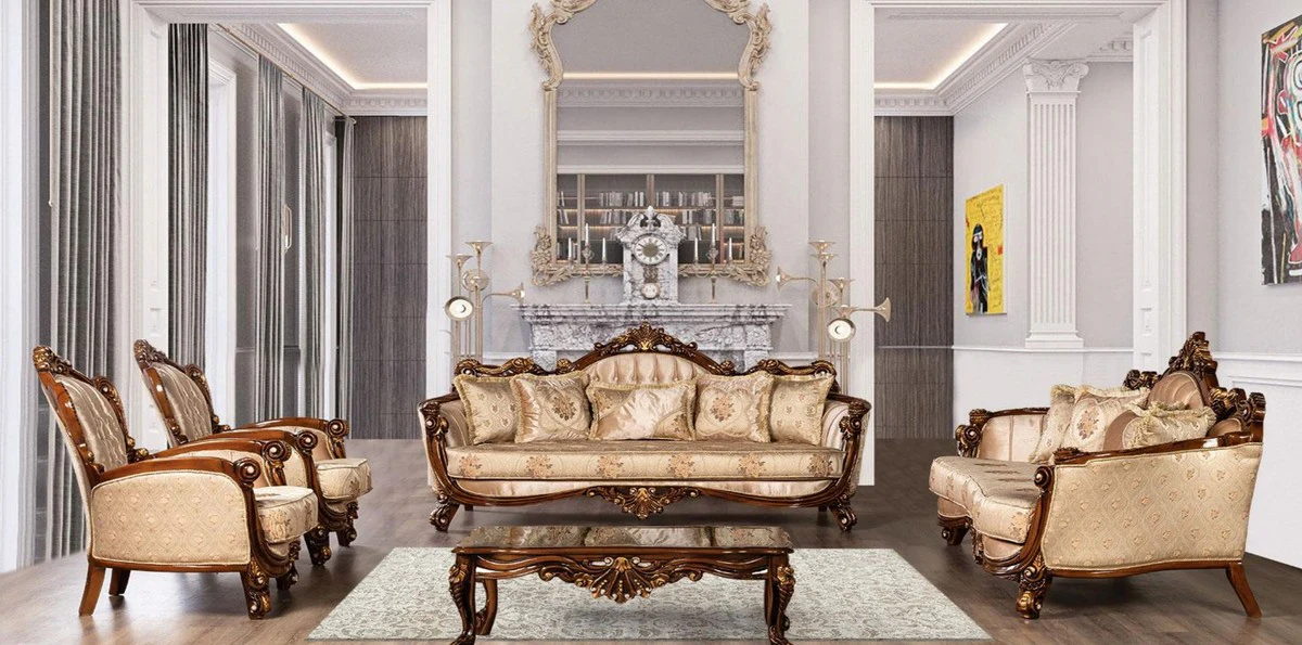 Luxury Baroque Living Room Set Beige / Brown / Gold - 2 Baroque Sofas & 2 Baroque Armchairs & 1 Baroque Coffee Table - Baroque Living Room Furniture