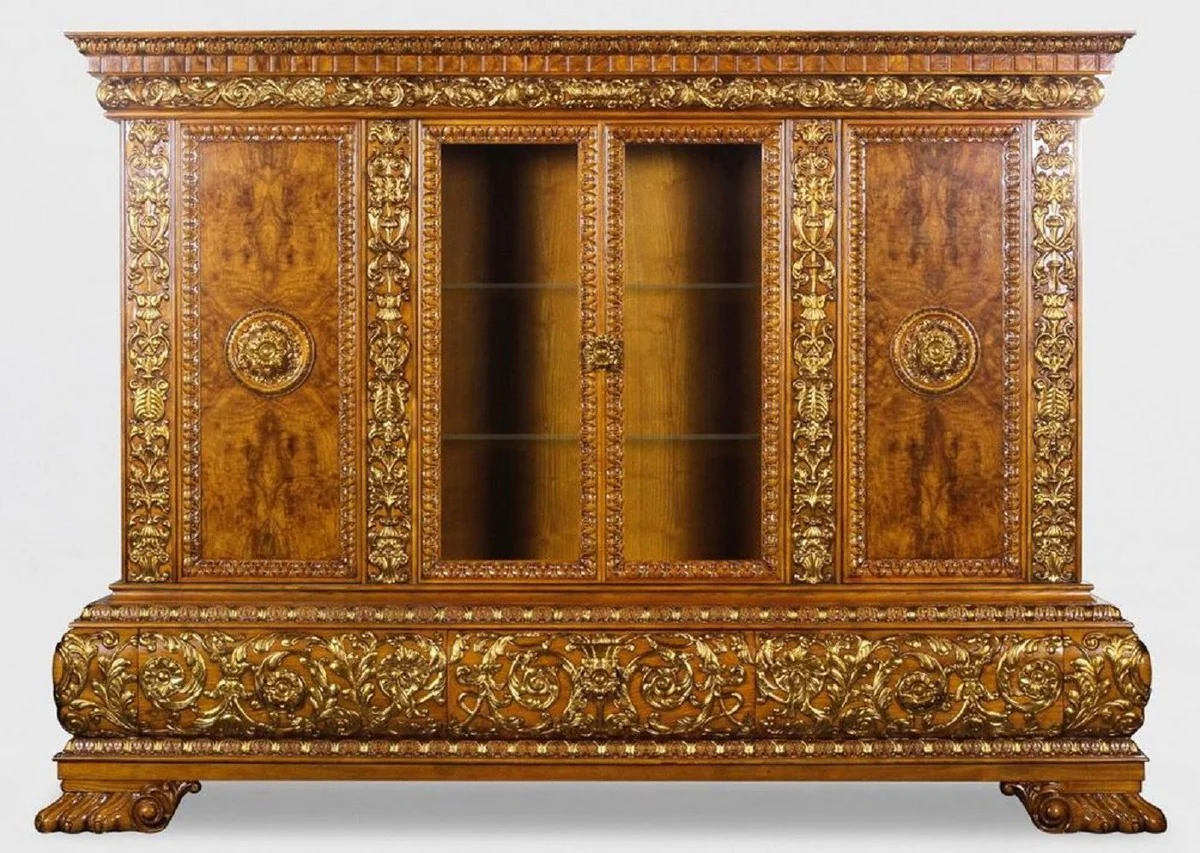 Luxury living room cabinet with LED lighting brown / gold 268 x 58 x H. 189 cm - solid wood cabinet - luxury furniture - luxury furnishings - living room furnishings - luxury quality