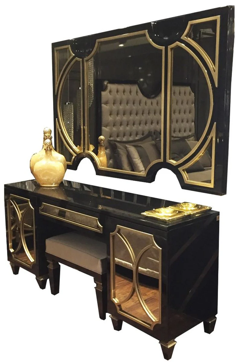 Luxury Baroque Bedroom Set Black / Gold - 1 Wall Mirror & 1 Chest of Drawers & 1 Stool - Bedroom Furniture - Noble & Magnificent