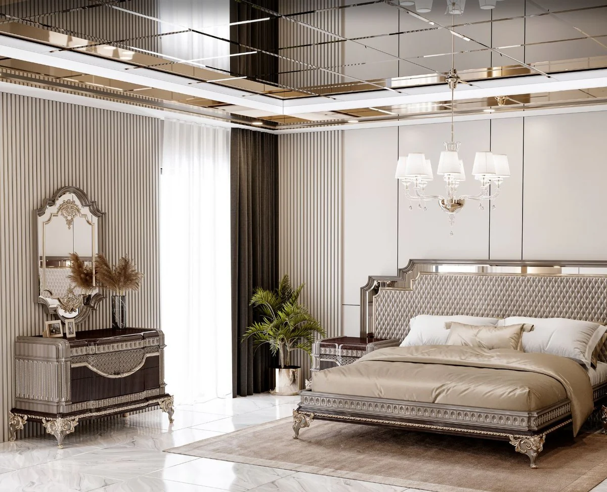 Luxury baroque chest of drawers with wall mirror dark brown / gray / gold