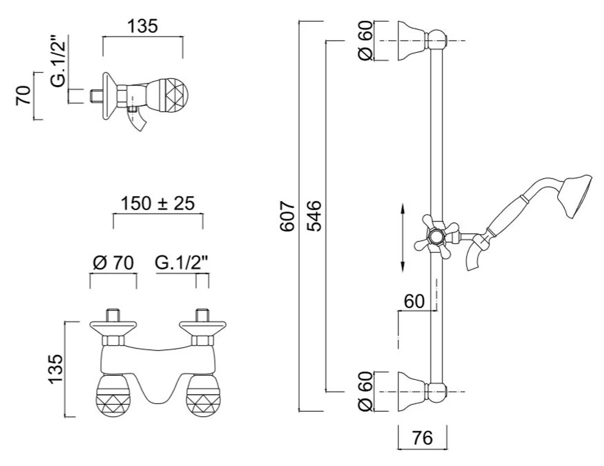 Luxury shower set with Swarovski crystal glass silver - bathroom shower set with shower rail