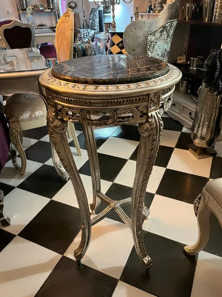 Baroque side table silver / black - round solid wood table with marble top in baroque style - living room furniture in baroque style - baroque furniture