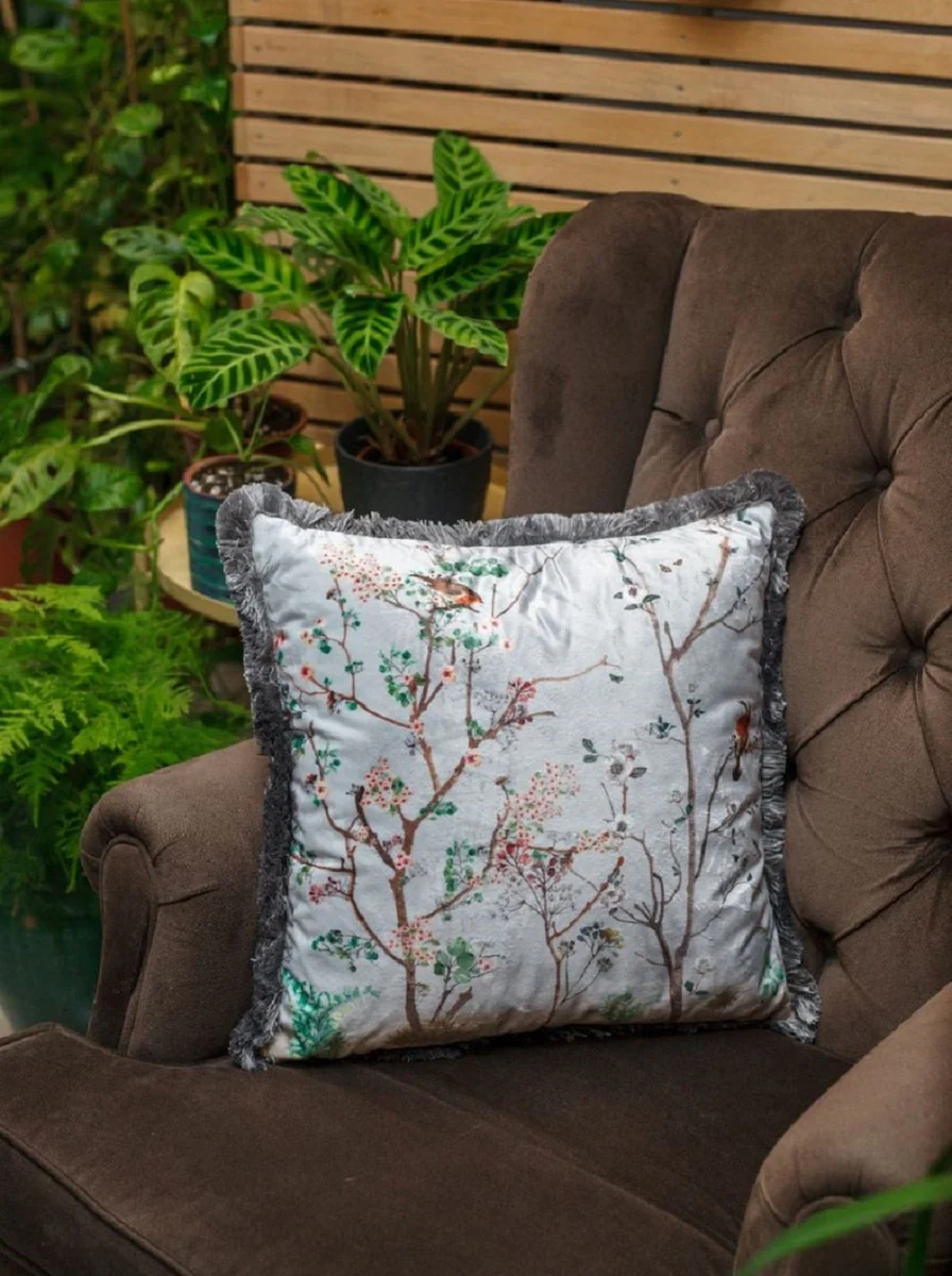 Luxury decorative cushion plants & birds gray / multicolored 45 x 45 cm - printed velvet cushion with fringes - luxury quality