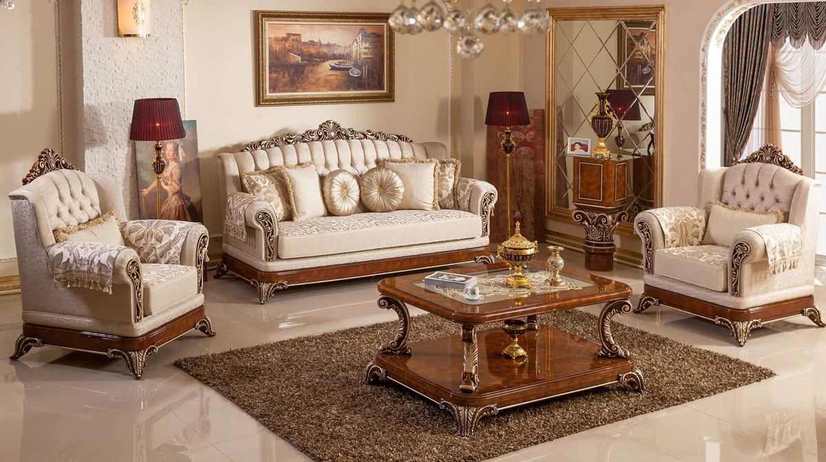 Luxury baroque coffee table with glass top brown / bronze - magnificent solid wood living room table in baroque style - baroque living room furniture - noble & magnificent