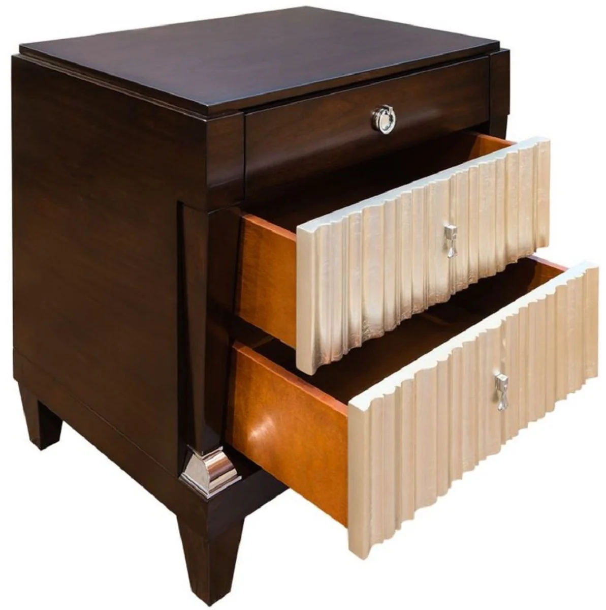 Neoclassical luxury nightstand dark brown / silver 66.5 x 46.5 x H. 70 cm - Elegant solid wood bedside table with 3 drawers - Bedroom furniture in neoclassical style