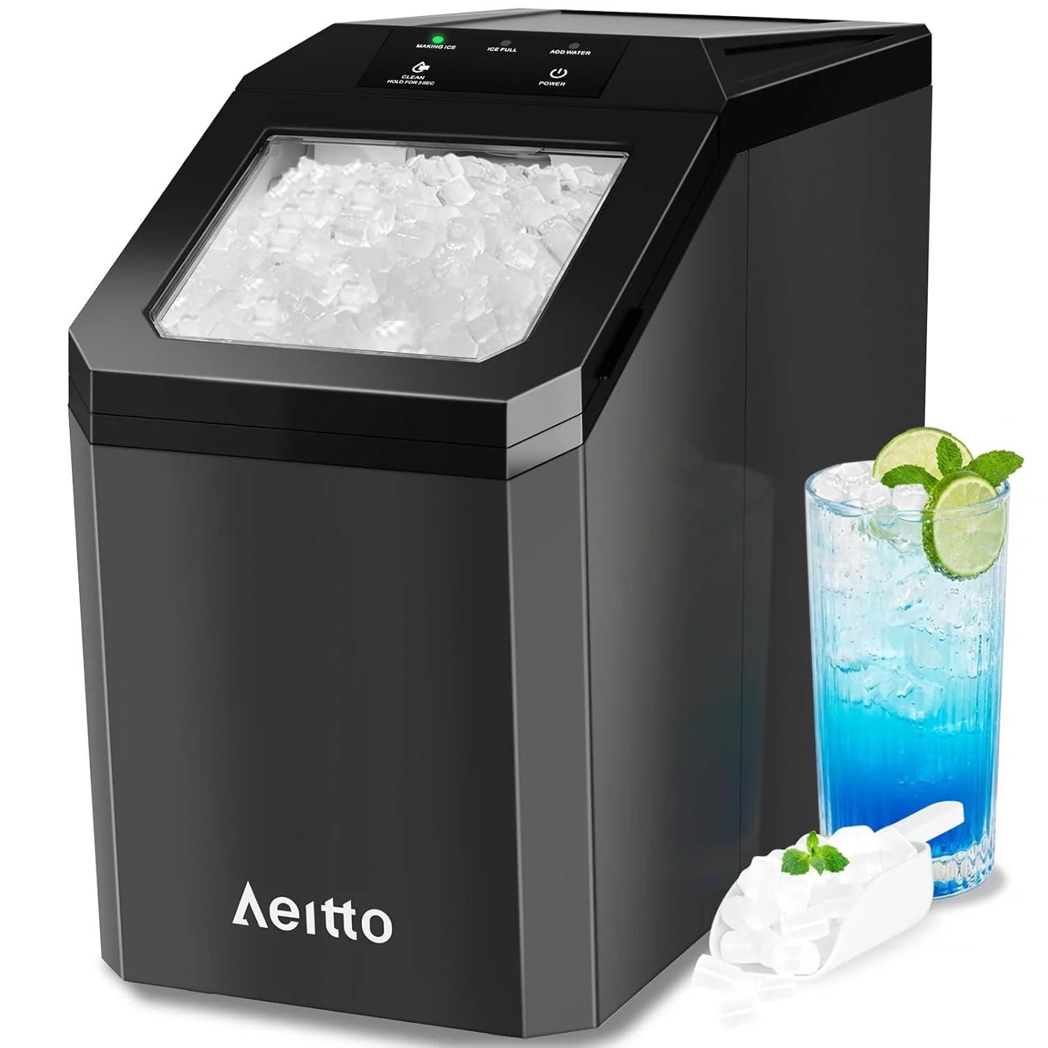 Aeitto Nugget Ice Maker Countertop, 42lbs/24H Ice Machine with 1.5L Water Tank, Rapid Ice Release in 6 Mins, Self-Cleaning Pebble Ice Maker with Basket and Scoop for Home Office RV and Party, Silver