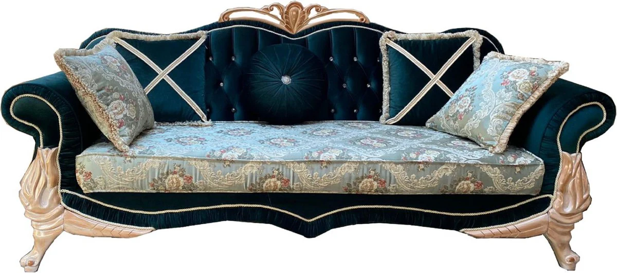 Luxury baroque living room set with elegant floral pattern and glittering stones turquoise / green / cream - 2 sofas & 2 armchairs - magnificent baroque living room furniture