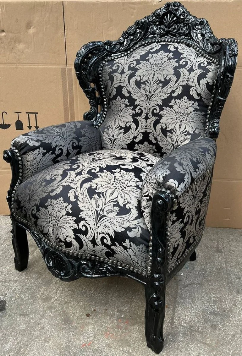 Baroque Armchair Silver Pattern / Black - Handmade Solid Wood Living Room Armchair - Antique Style Living Room Armchair - Living Room Furniture in Baroque Style - Baroque Furniture