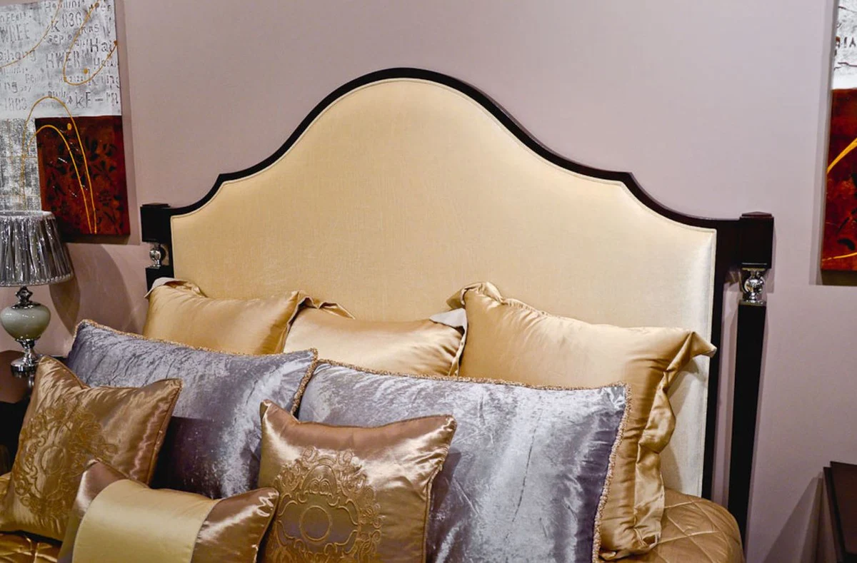 Luxury Neoclassical Bedroom Set Light Beige / Dark Brown / Silver - 1 Double Bed with Headboard & 2 Nightstands - Neoclassical Bedroom Furniture