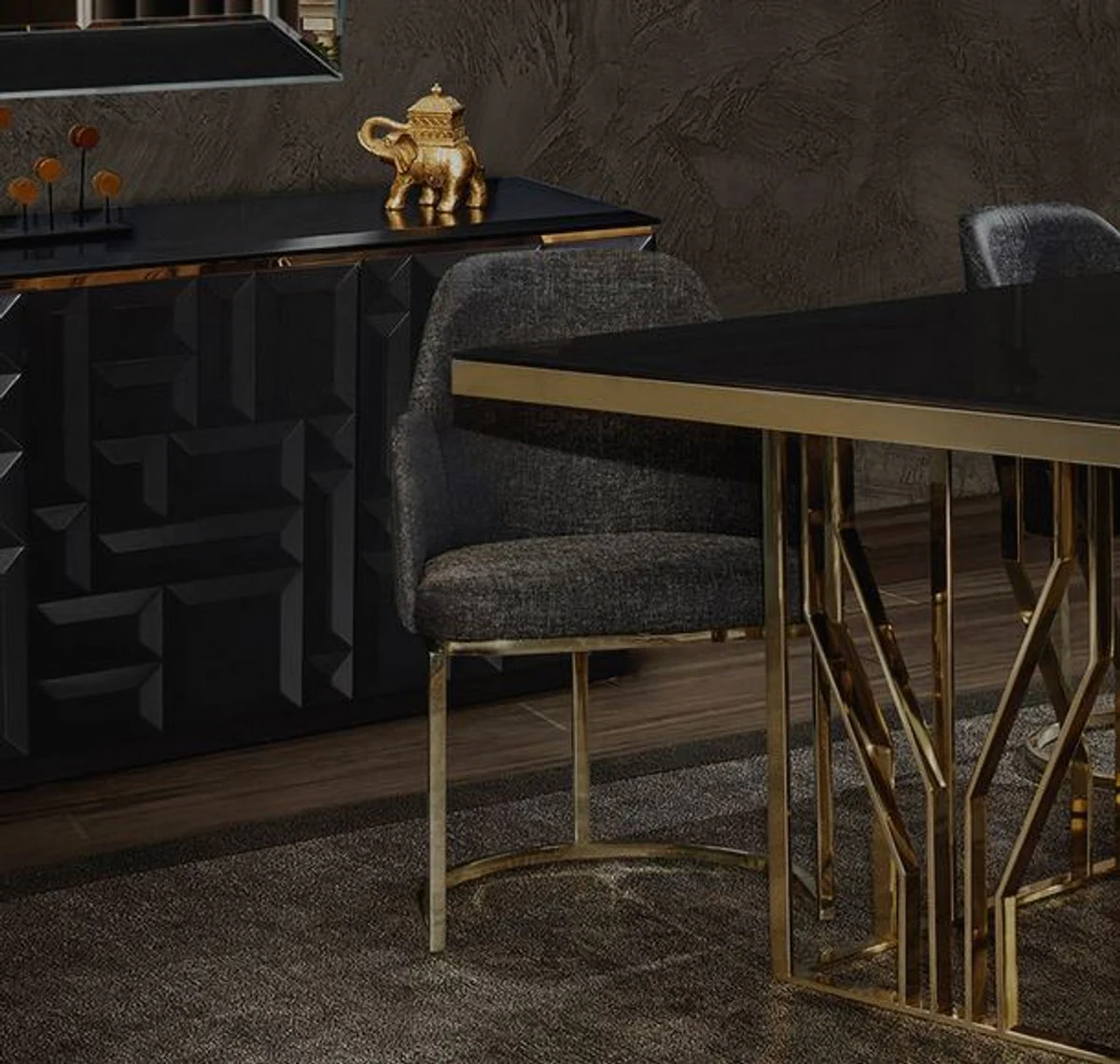 Luxury dining table gold / black 200 x 100 x H. 77 cm - Rectangular stainless steel kitchen table with glass top - Luxury dining room furniture