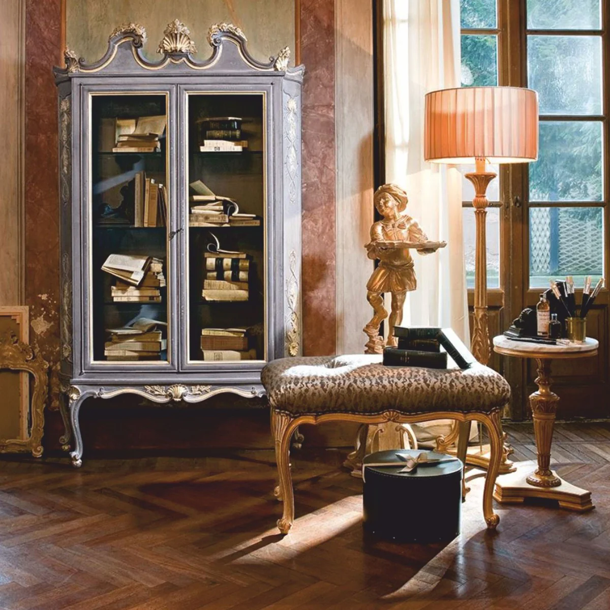 Luxury baroque display cabinet antique gray / white / beige H. 199 cm - Made in Italy