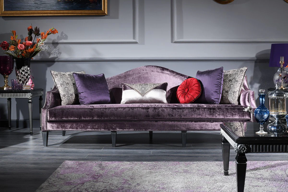 Luxury Baroque Living Room Set Purple / Black / Silver - 2 Sofas & 2 Armchairs & 1 Coffee Table & 2 Side Tables - Baroque Furniture