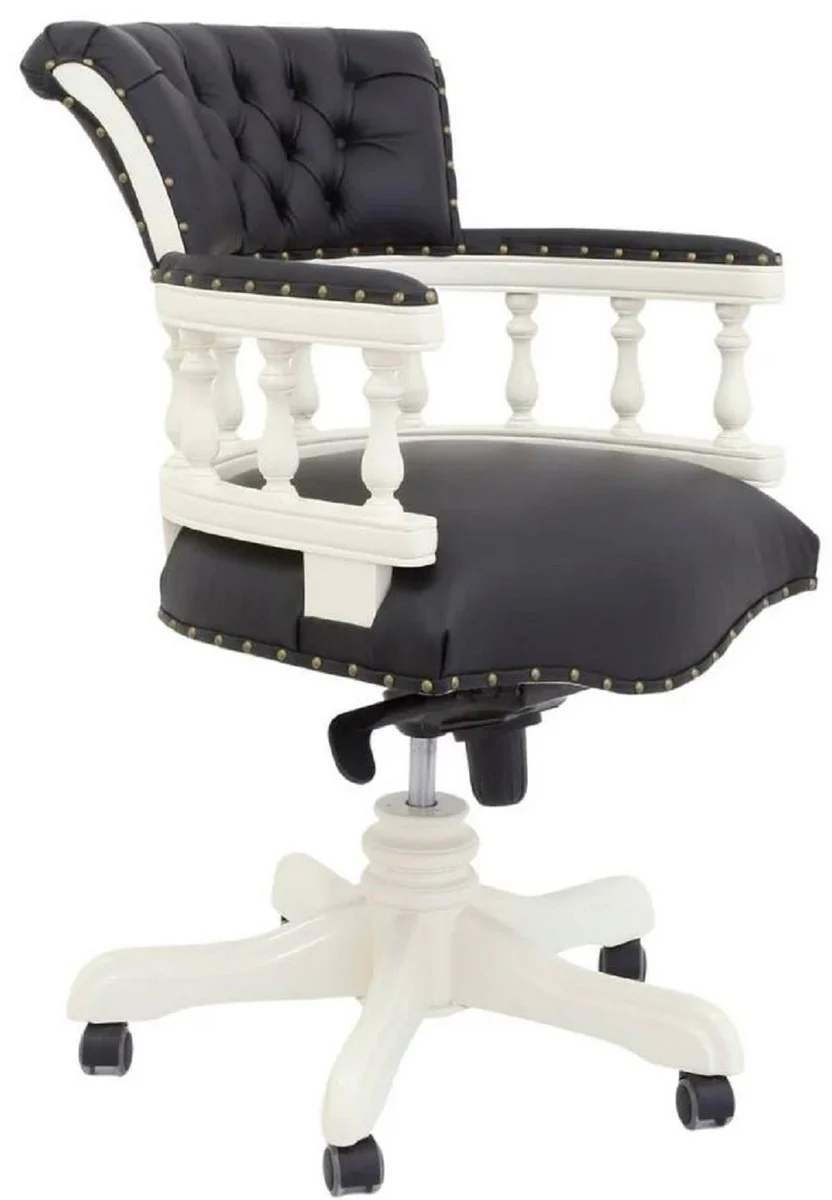 Luxury Baroque Chesterfield Real Leather Desk Chair Black / White H. 107 cm - Baroque Office Furniture