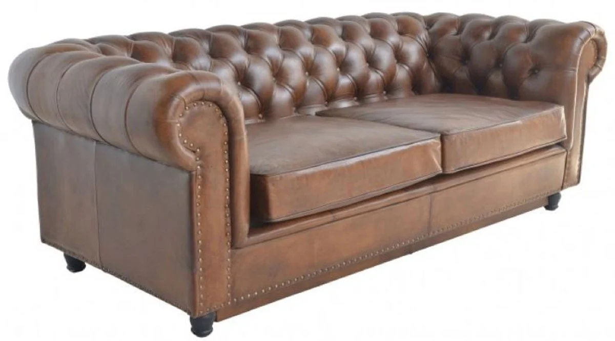 Luxury Chesterfield leather sofa bed brown 240 x 102-220 x H. 76 cm - Real leather living room sofa - Real leather living room furniture - Luxury leather furniture