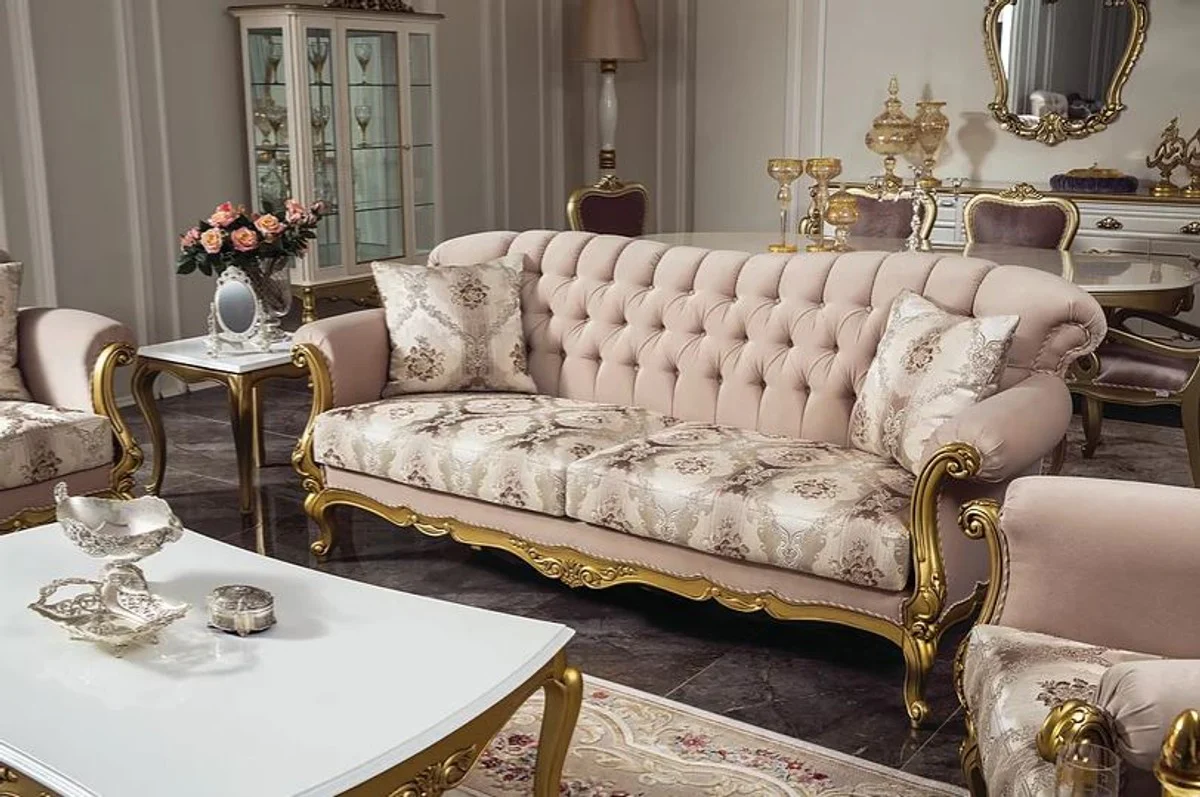 Luxury baroque living room set pink / white / gold - 2 sofas & 2 armchairs & 1 coffee table & 2 side tables - living room furniture in baroque style - noble and magnificent