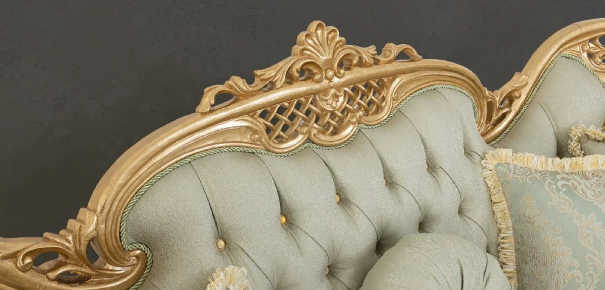 Luxury Baroque Sofa Light Green / Gold - Handmade Living Room Sofa with Elegant Pattern and Glitter Stones - Baroque Living Room Furniture - Noble & Magnificent