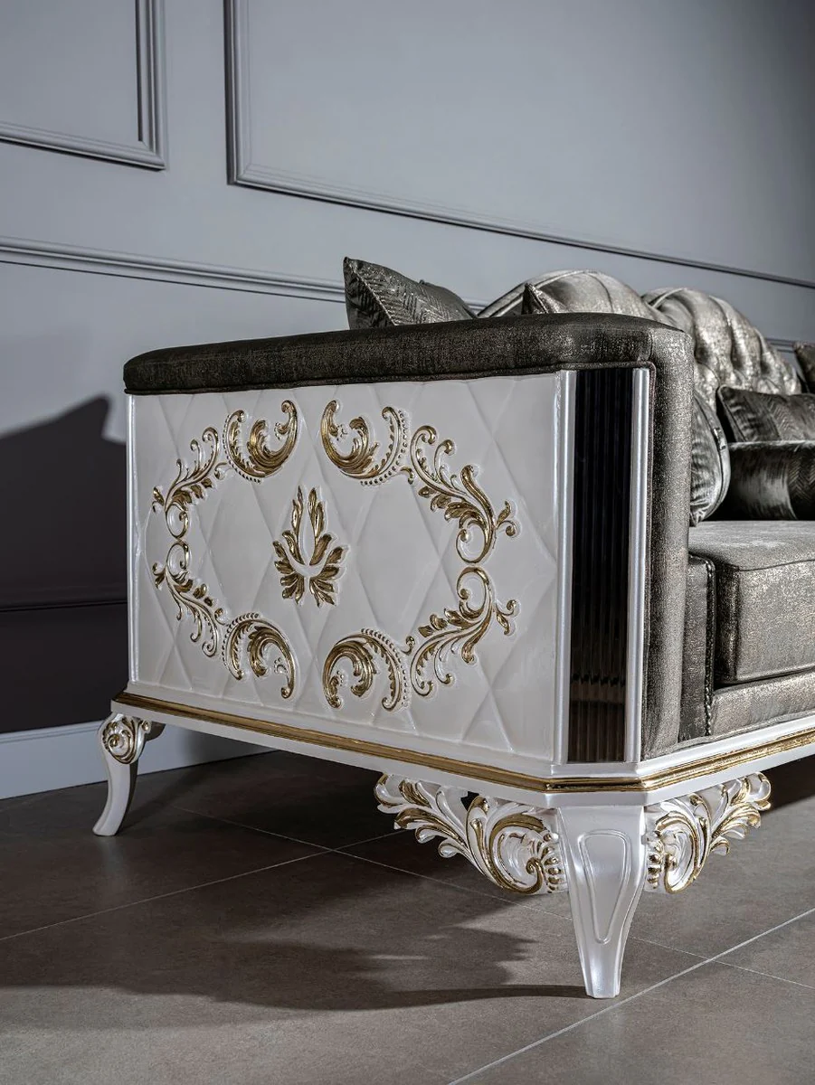 Luxury baroque sofa green / white / gold 255 x 92 x H. 91 cm - Magnificent living room sofa with decorative pillows - Noble & magnificent