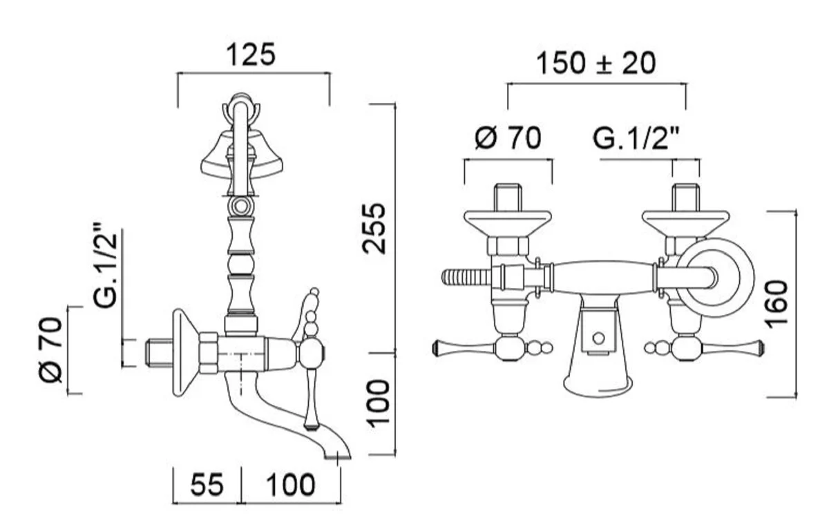 Art Nouveau bathtub fitting with shower head silver / white H. 35.5 cm - Nostalgic bathroom accessories - First-class quality - Made in Italy